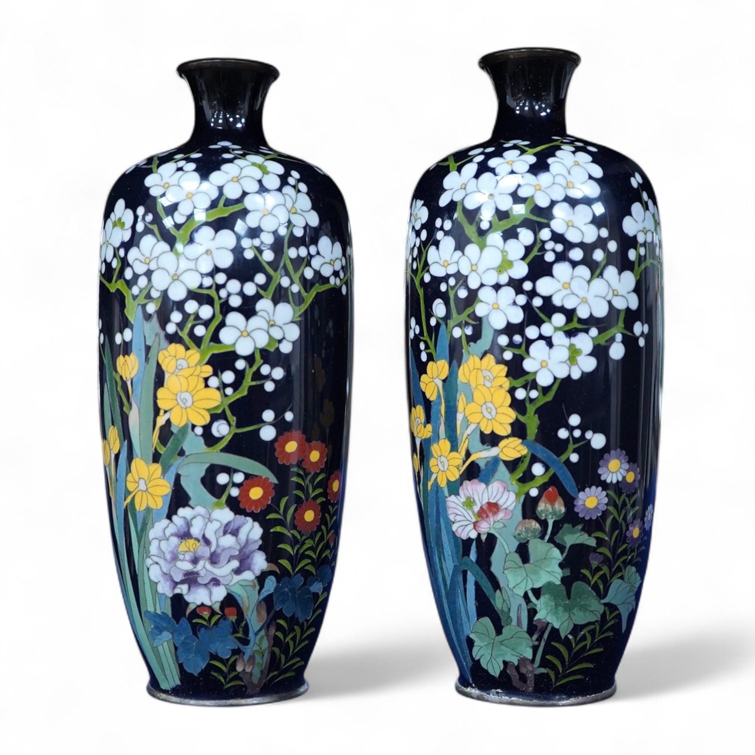A pair of Japanese cloisonné enamel floral vases, early 20th century, 18cm high